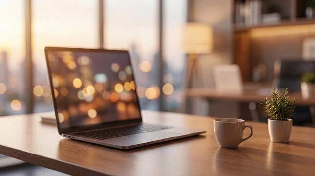 A modern office desk at golden hour